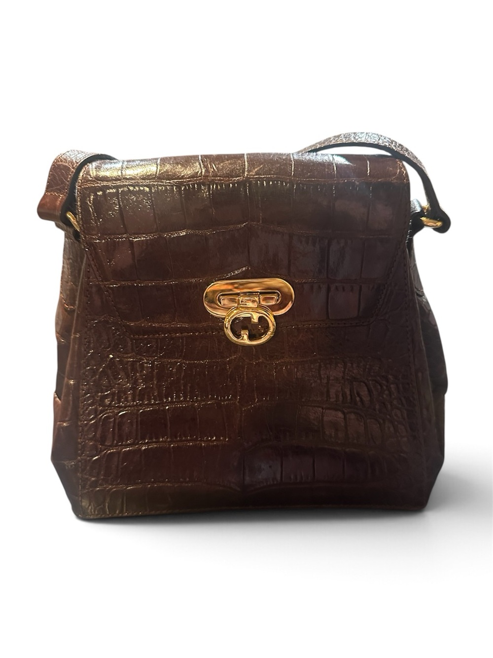 Furla Dark Brown Croc-Embossed Shoulder Bag with Gold Hardware
